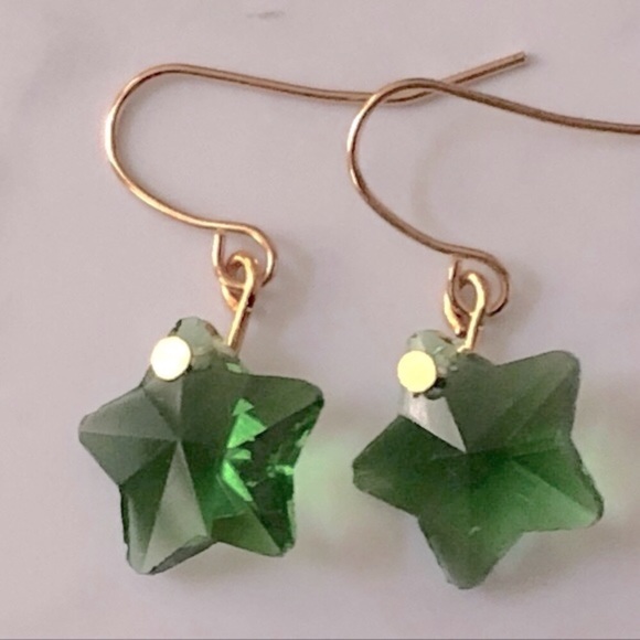 Hand Crafted Jewelry - New Sparkling Glass Crystal Dangling Green Star Earrings Hand Crafted Dainty